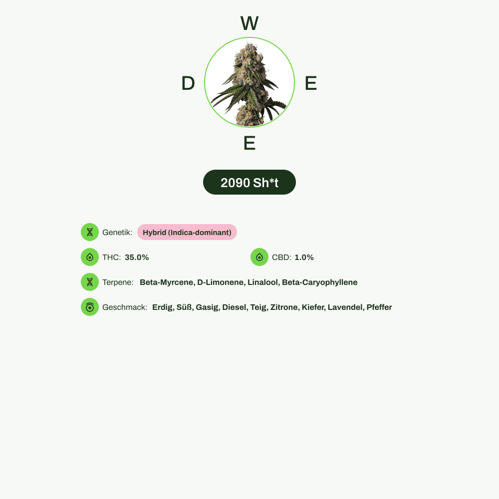 Infografik über THC-Gehalt, CBD-Gehalt, Terpene, Wirkungen, Geschmack von 2090 Sh*t