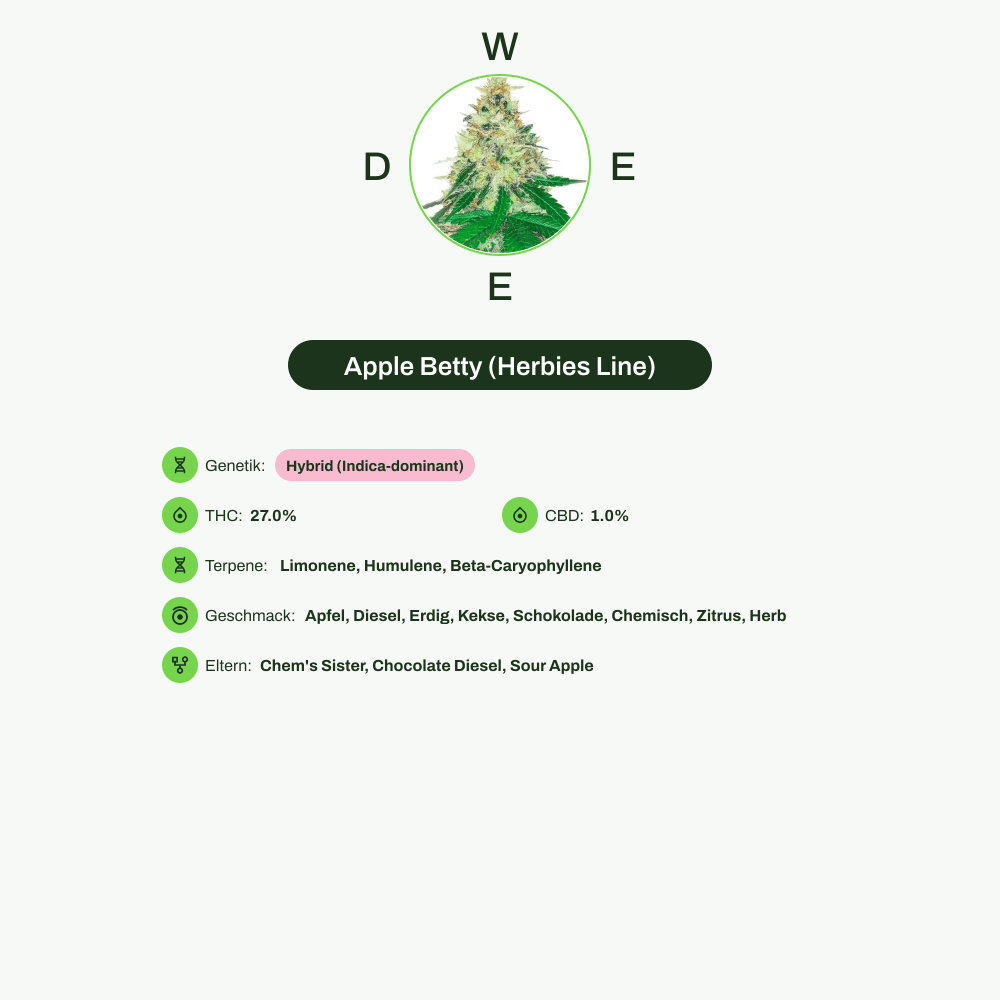 Infografik über THC-Gehalt, CBD-Gehalt, Terpene, Wirkungen, Geschmack von Apple Betty (Herbies Line)