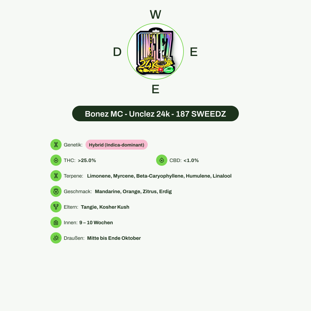 Infografik über THC-Gehalt, CBD-Gehalt, Terpene, Wirkungen, Geschmack von Bonez MC - Unclez 24k - 187 SWEEDZ