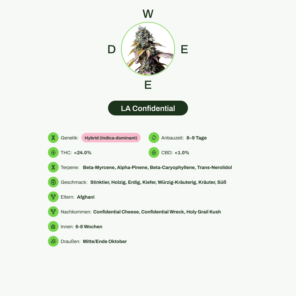 Infografik über THC-Gehalt, CBD-Gehalt, Terpene, Wirkungen, Geschmack von LA Confidential