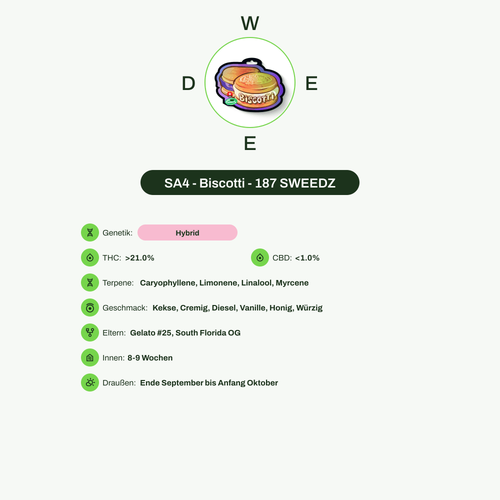 Infografik über THC-Gehalt, CBD-Gehalt, Terpene, Wirkungen, Geschmack von SA4 - Biscotti - 187 SWEEDZ