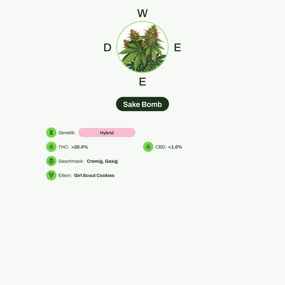 Infografik über THC-Gehalt, CBD-Gehalt, Geschmack von Sake Bomb
