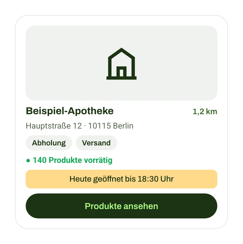 Beispiel einer Apothekenkarte auf weed.de: Name, Entfernung, Adresse, Abholung und Versand, Bestand, Öffnungszeiten und ein Button zu den Produkten.