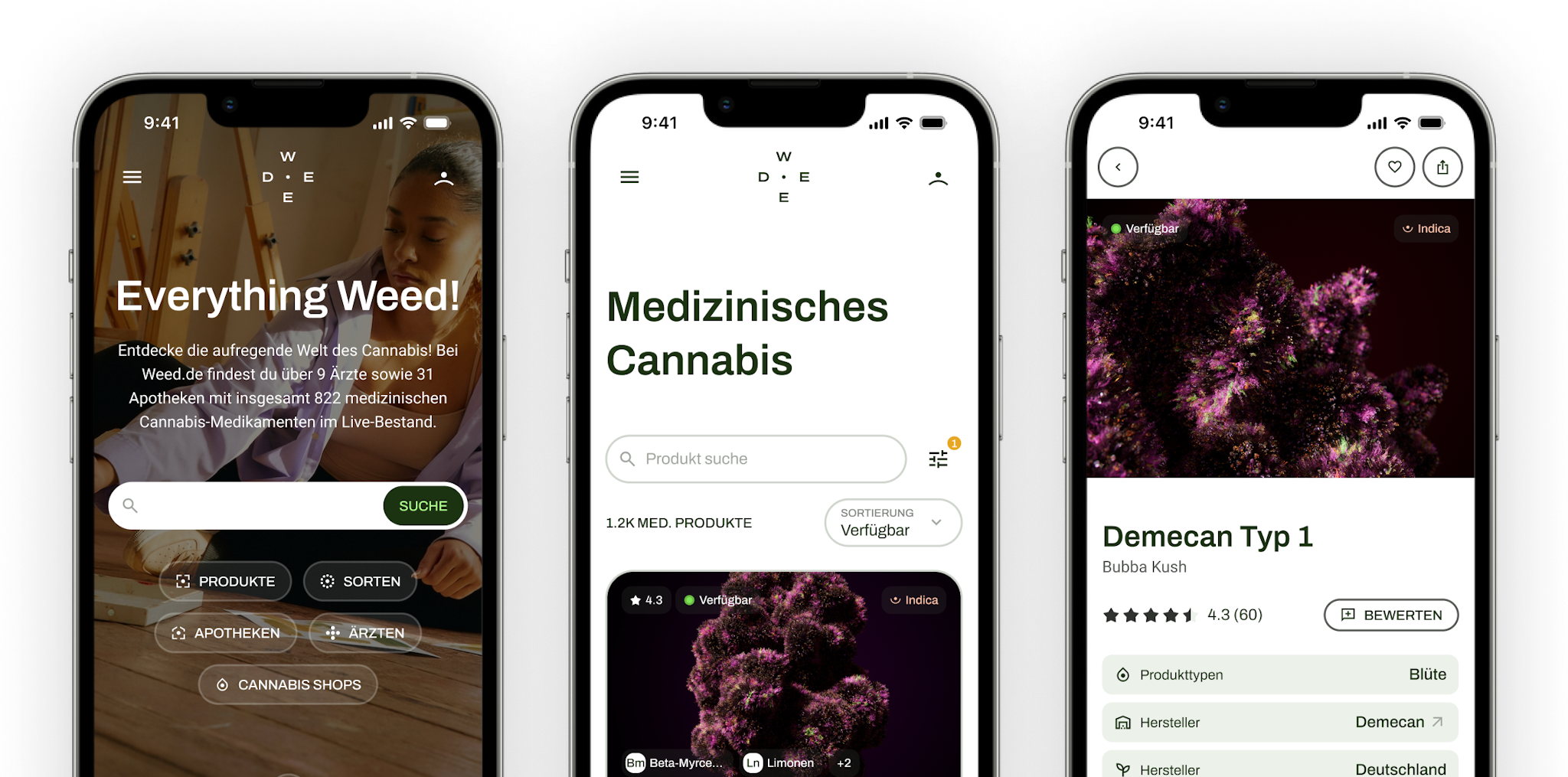 Screenshots der Weed.de-App zur Veranschaulichung der Funktionen