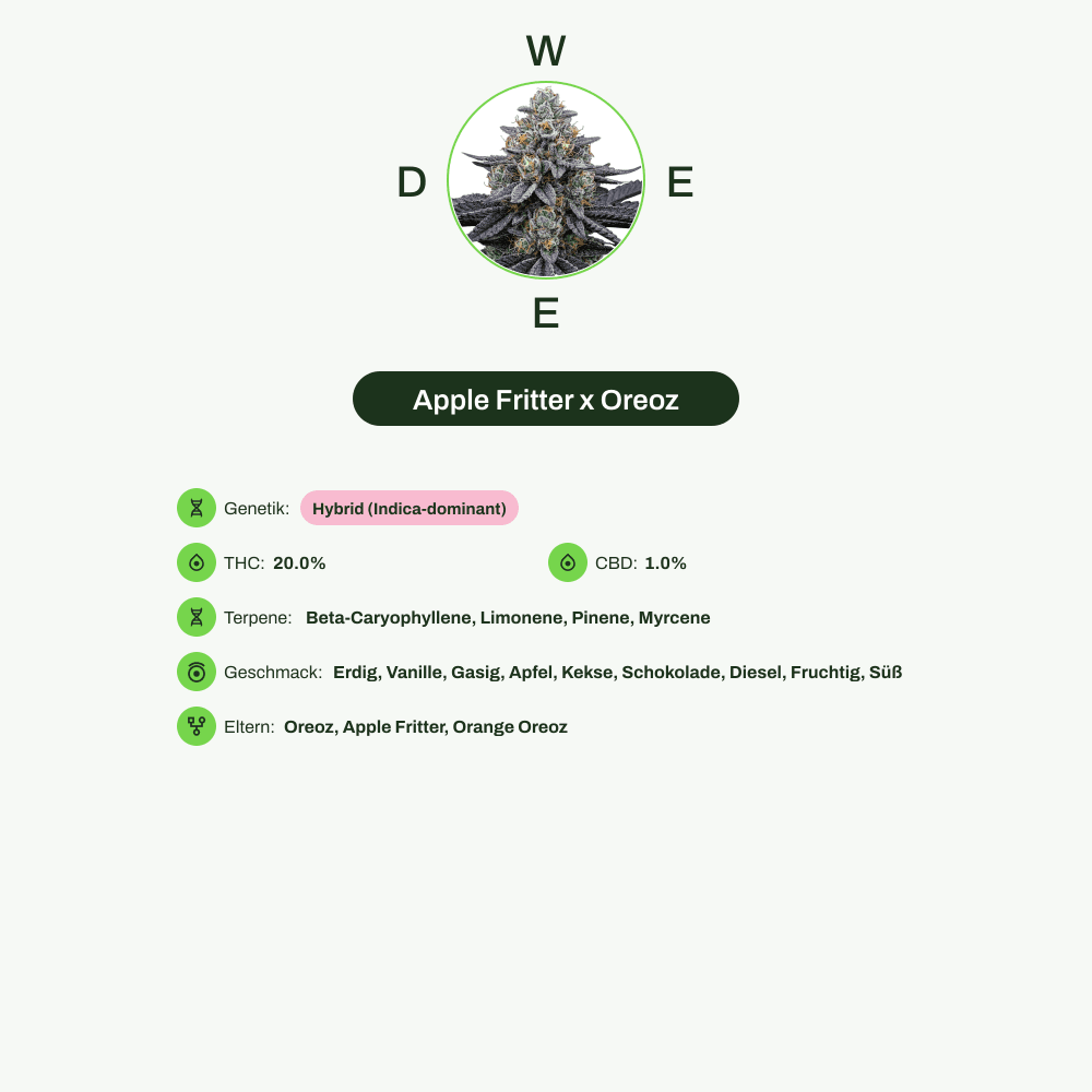 Infografik über THC-Gehalt, CBD-Gehalt, Terpene, Wirkungen, Geschmack von Apple Fritter x Oreoz