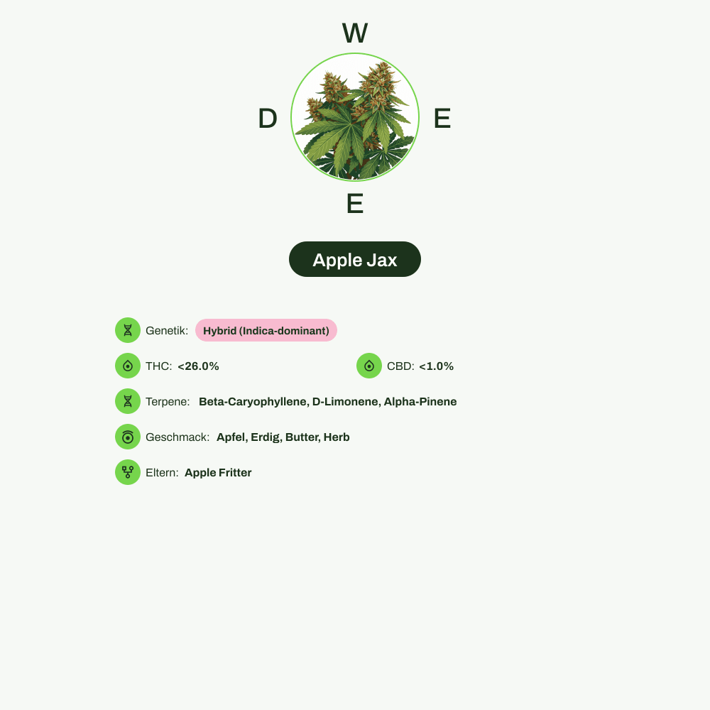 Infografik über THC-Gehalt, CBD-Gehalt, Terpene, Wirkungen, Geschmack von Apple Jax