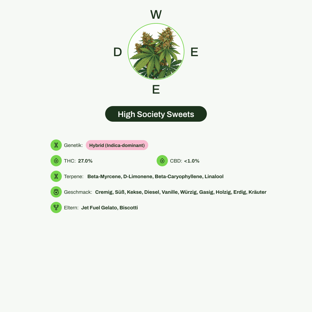 Infografik über THC-Gehalt, CBD-Gehalt, Terpene, Wirkungen, Geschmack von High Society Sweets
