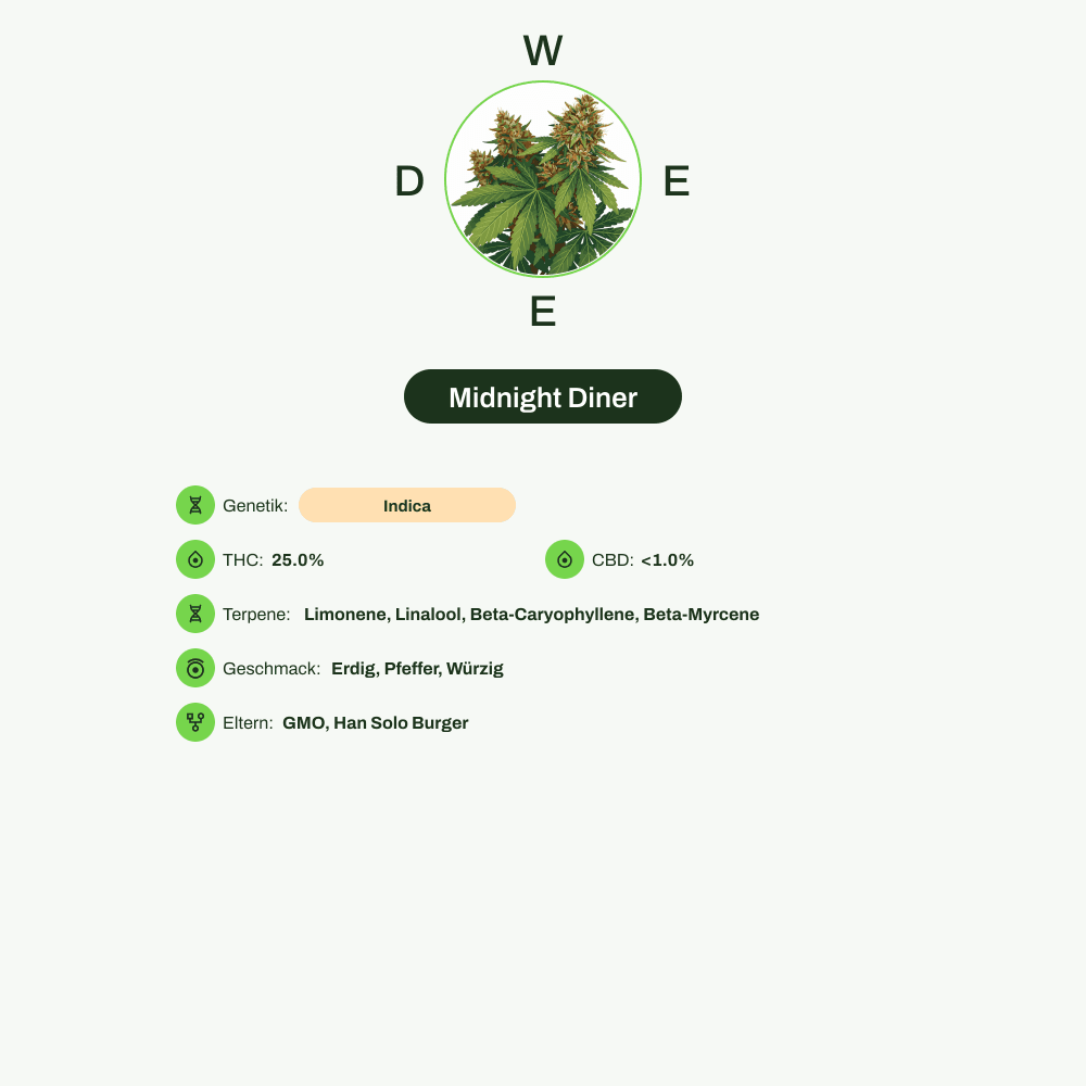 Infografik über THC-Gehalt, CBD-Gehalt, Terpene, Wirkungen, Geschmack von Midnight Diner