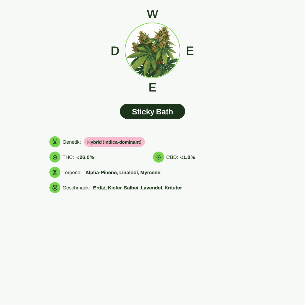 Infografik über THC-Gehalt, CBD-Gehalt, Terpene, Wirkungen, Geschmack von Sticky Bath
