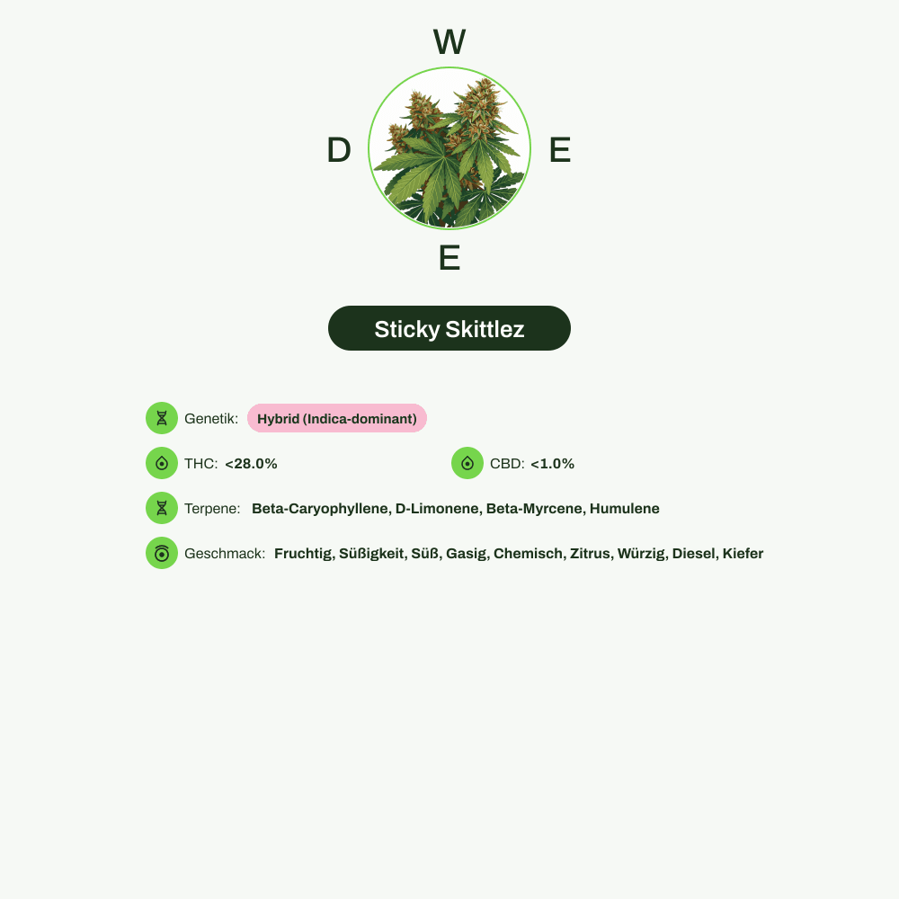 Infografik über THC-Gehalt, CBD-Gehalt, Terpene, Wirkungen, Geschmack von Sticky Skittlez