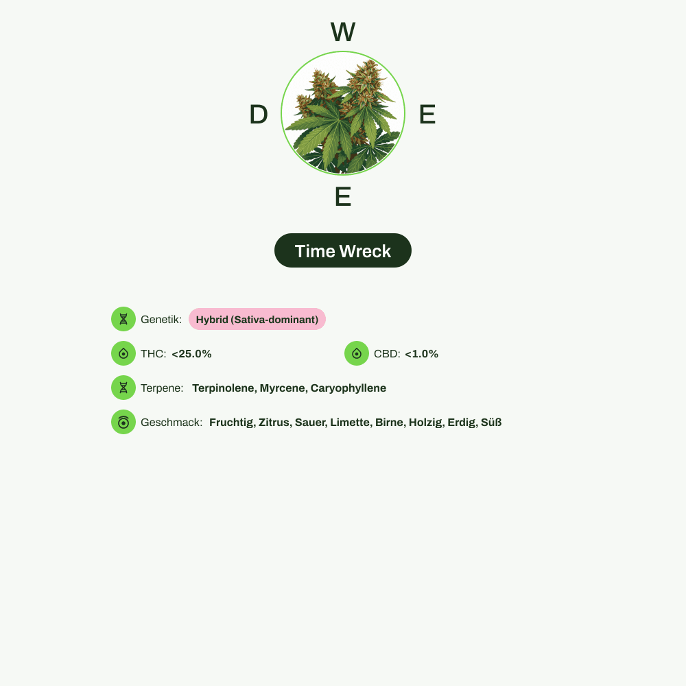Infografik über THC-Gehalt, CBD-Gehalt, Terpene, Wirkungen, Geschmack von Time Wreck