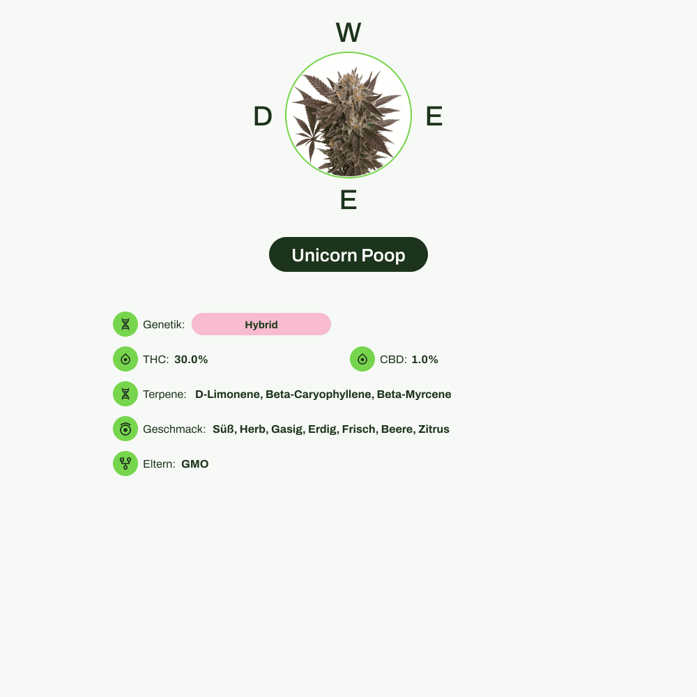 Infografik über THC-Gehalt, CBD-Gehalt, Terpene, Wirkungen, Geschmack von Unicorn Poop