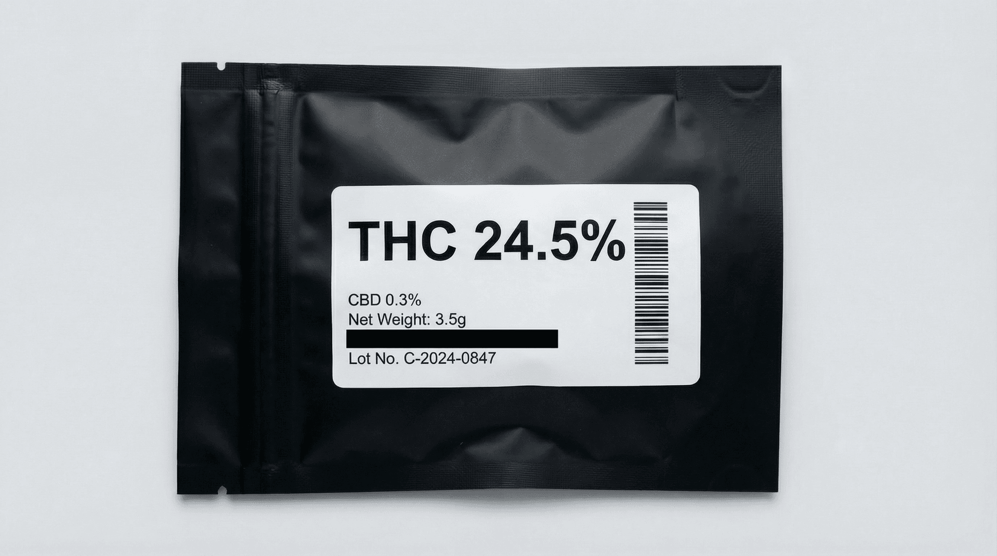 Schwarze Cannabisverpackung mit Etikett: THC 24,5%, CBD 0,3%, Nettogewicht 3,5g