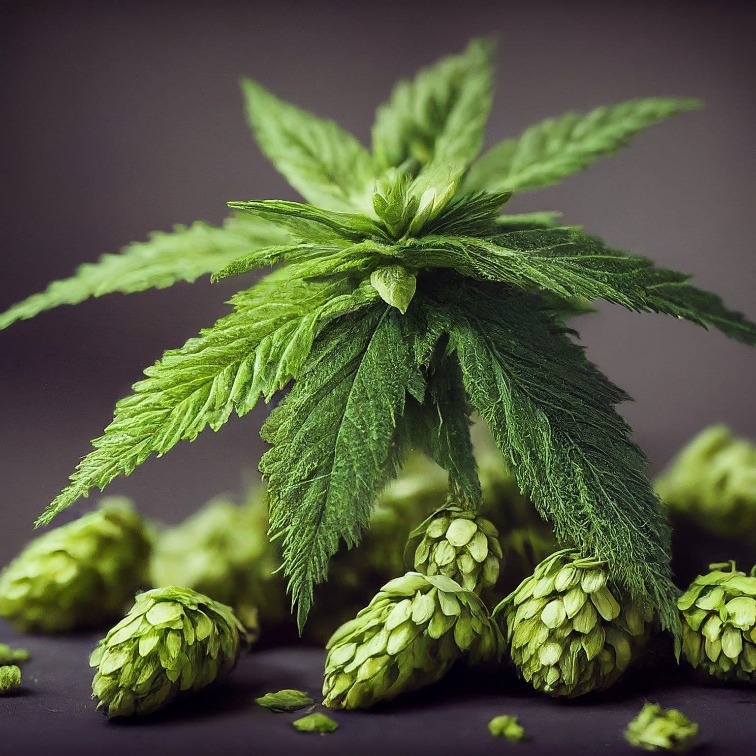 Grüne Cannabisblätter über mehreren Hopfendolden auf dunklem, unscharfem Hintergrund