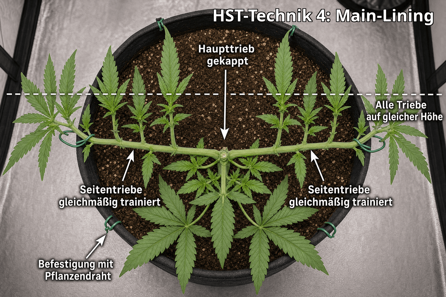 Vogelperspektive auf eine symmetrisch trainierte Cannabispflanze im Fabric Pot: Alle Seitentriebe sind gleichmäßig mit Pflanzendraht horizontal ausgerichtet. Beschriftungen zeigen den gekappten Haupttrieb, die gleichmäßig trainierten Seitentriebe und die einheitliche Wuchshöhe – HST-Technik Main-Lining.
