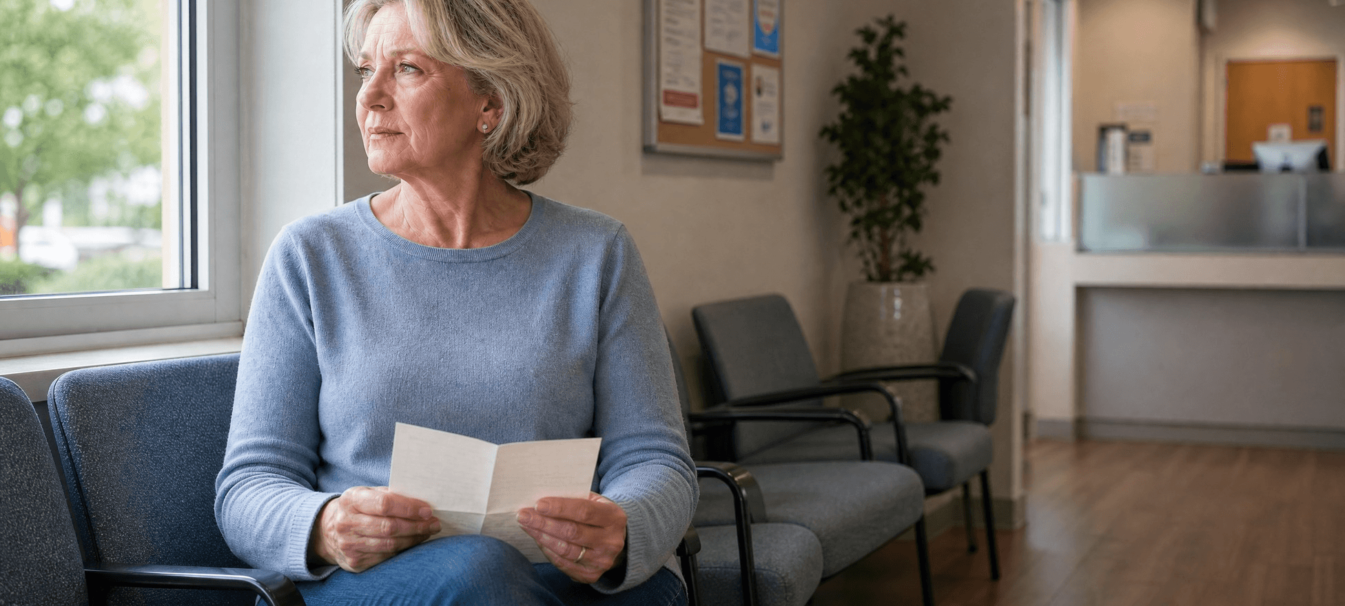 Ältere Frau sitzt allein im Wartezimmer einer Arztpraxis und hält nachdenklich ein gefaltetes Schreiben in den Händen