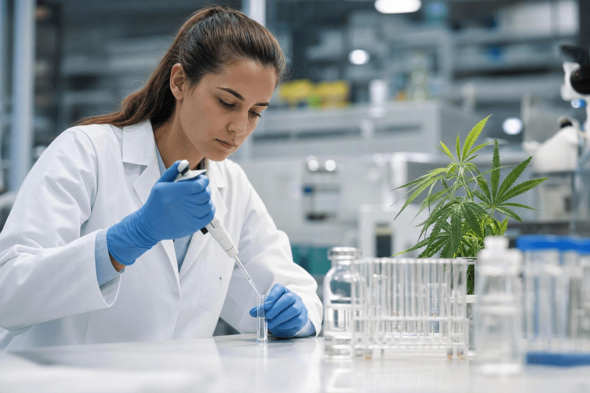 Wissenschaftlerin pipettiert im Labor eine Probe neben einer Cannabispflanze und Reagenzgläsern – Forschung zu medizinischen Wirkstoffen aus Cannabis