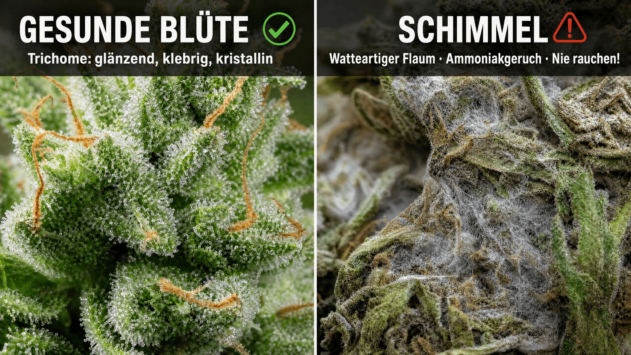 Vergleich gesunde Cannabisblüte vs. Schimmel: links glänzende, kristalline Trichome – rechts grau-weißer, watteartiger Schimmelbefall mit Verfärbungen – Schimmel niemals rauchen