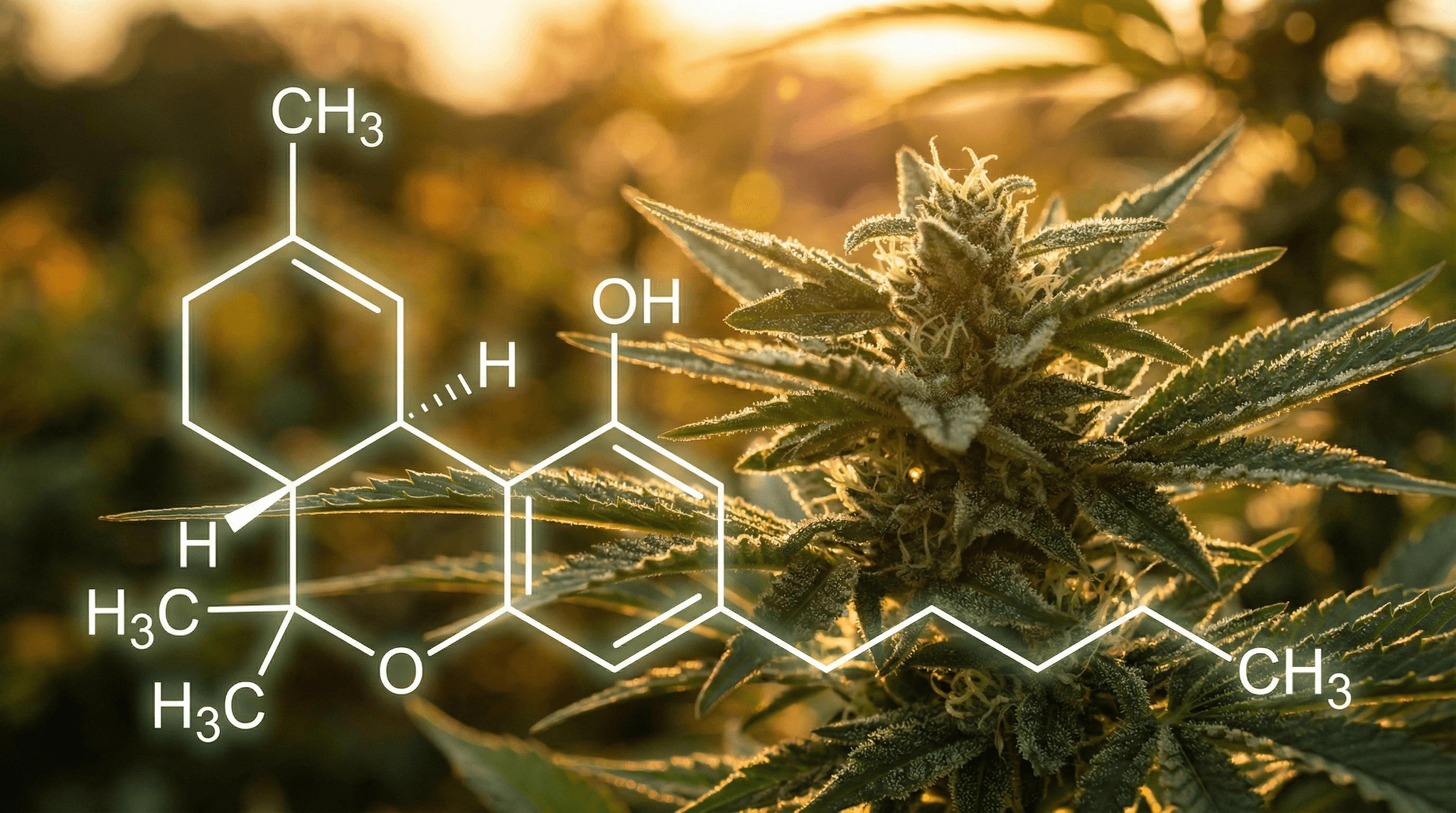Chemische Strukturformel von Cannabicyclol (CBL) als weißes Linien-Overlay vor einer nahaufgenommenen Cannabisblüte mit Trichomen im warmen Gegenlicht eines Sonnenuntergangs
