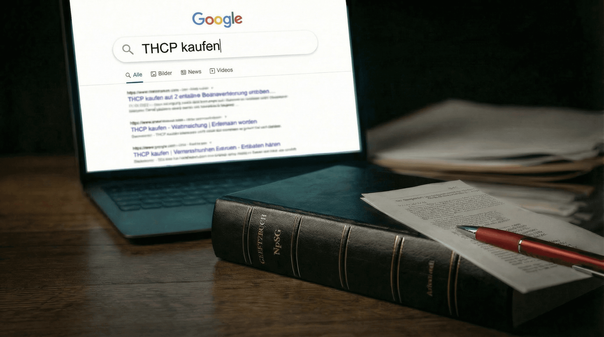 Google-Suche nach "THCP kaufen" auf Laptop-Bildschirm neben NpSG-Gesetzbuch auf Holztisch – THCP ist in Deutschland seit dem 27.06.2024 nicht legal