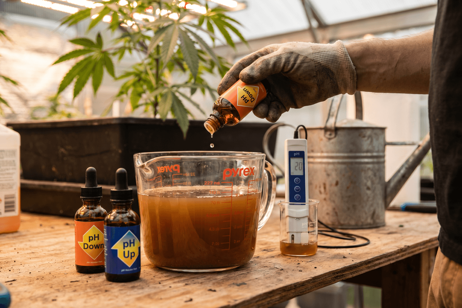Grower gibt tropfenweise pH-Down-Mittel in einen Messbecher mit Nährlösung. Daneben stehen pH-Down- und pH-Up-Flaschen sowie ein digitales pH-Messgerät – Korrektur des pH-Werts beim Gießwasser für den Cannabisanbau.