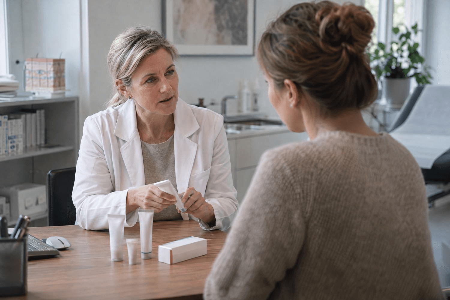 Hautärztin erklärt einer erwachsenen Patientin an einem Schreibtisch verschiedene unbeschriftete Cremetuben.