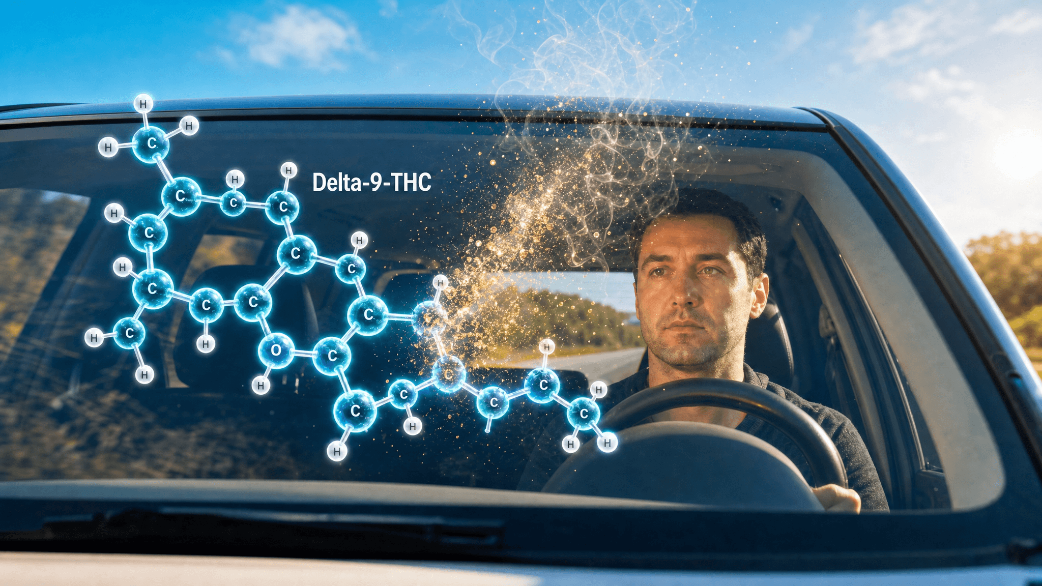 Autofahrer und ein THC Molekül, welches sich langsam auflöst
