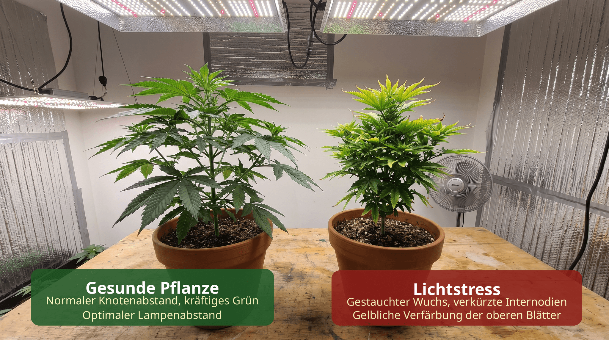 Vergleich einer gesunden Cannabispflanze und einer Pflanze mit Lichtstress im Growzelt: Links kräftiges Grün mit normalem Knotenabstand, rechts gestauchter Wuchs mit gelblichen oberen Blättern durch zu geringen Lampenabstand.