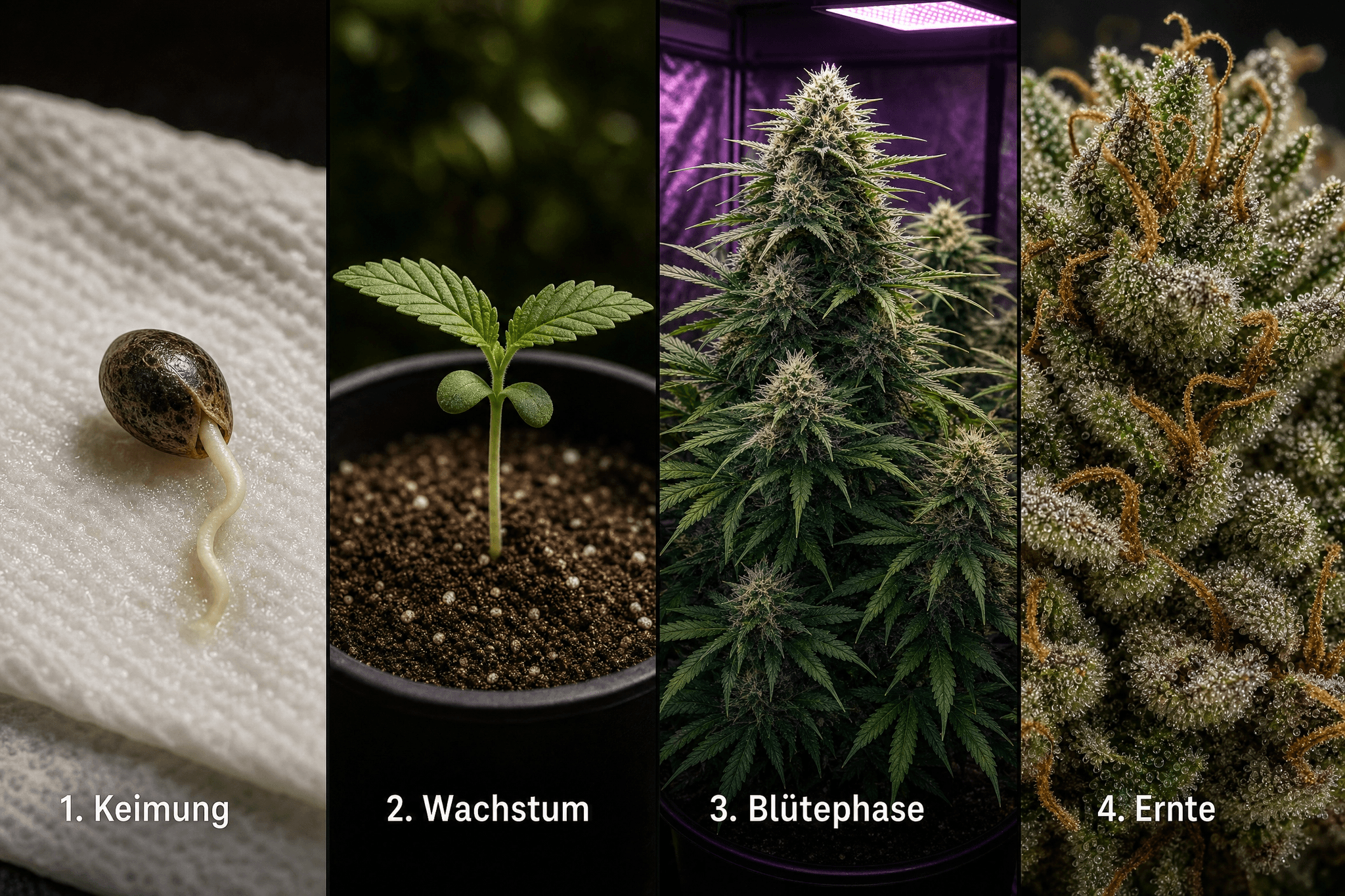 Vier-Phasen-Timeline des Cannabis Indoor Grows: gekeimter Samen auf feuchtem Küchenpapier (Keimung), junger Sämling im Topf (Wachstum), voll ausgebildete blühende Pflanze unter LED-Licht (Blütephase), Makroaufnahme trichomreicher Blüten kurz vor der Ernte