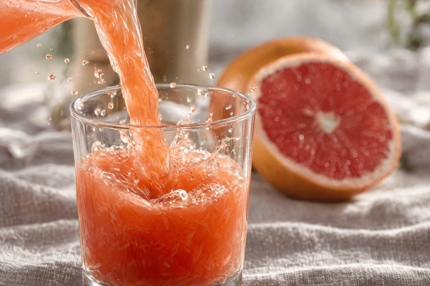 Grapefruitsaft wird in ein Glas gegossen, daneben eine halbierte Grapefruit.