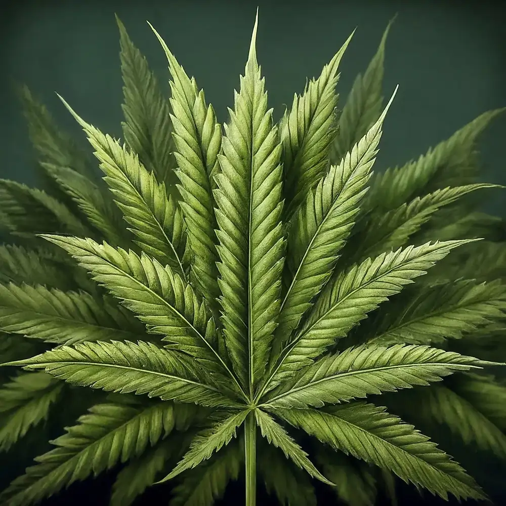 Grünes Cannabisblatt mit neun gezackten Fiederblättern und deutlichen Blattadern