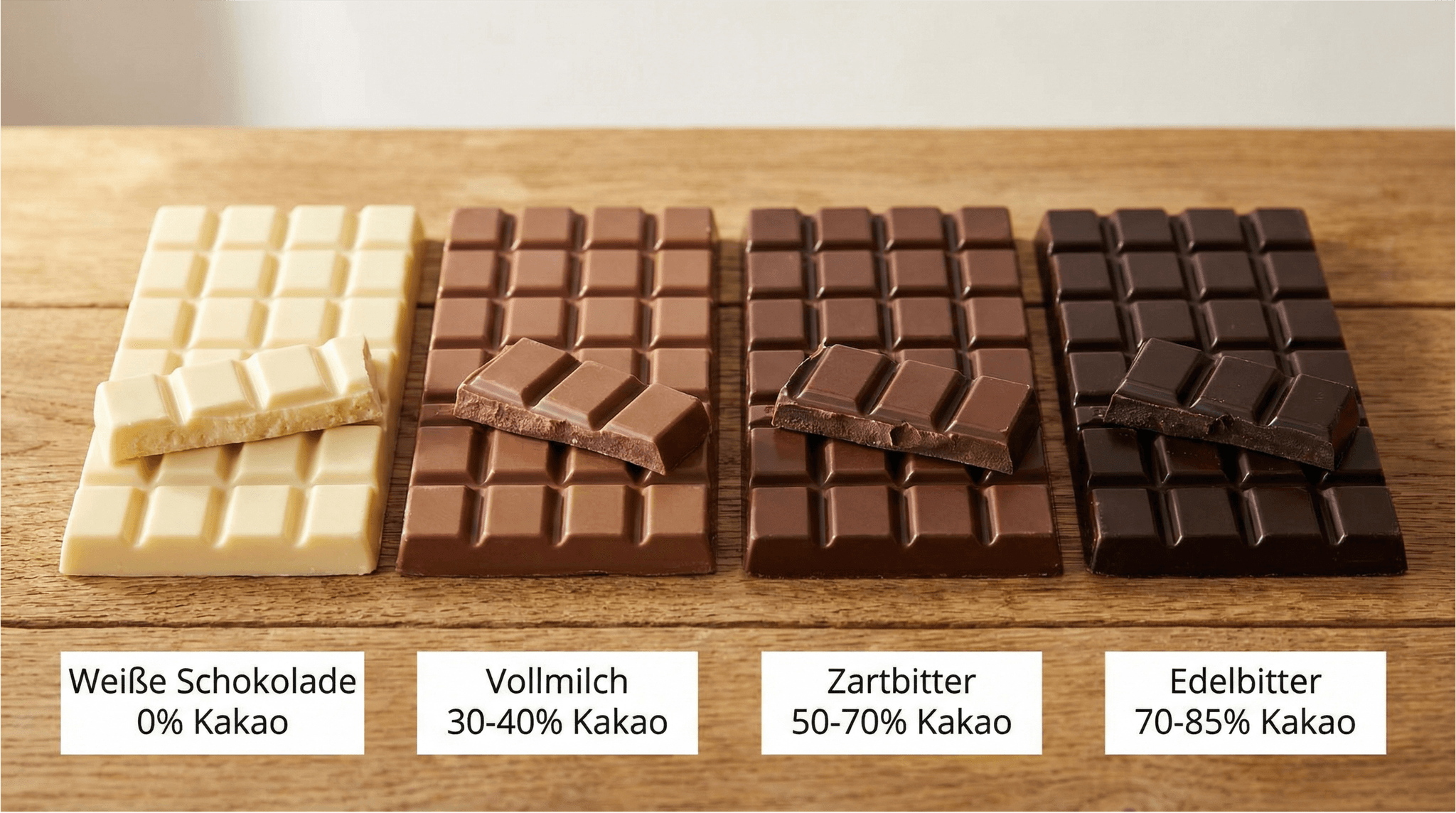 Vergleich von vier Schokoladensorten auf Holztisch.