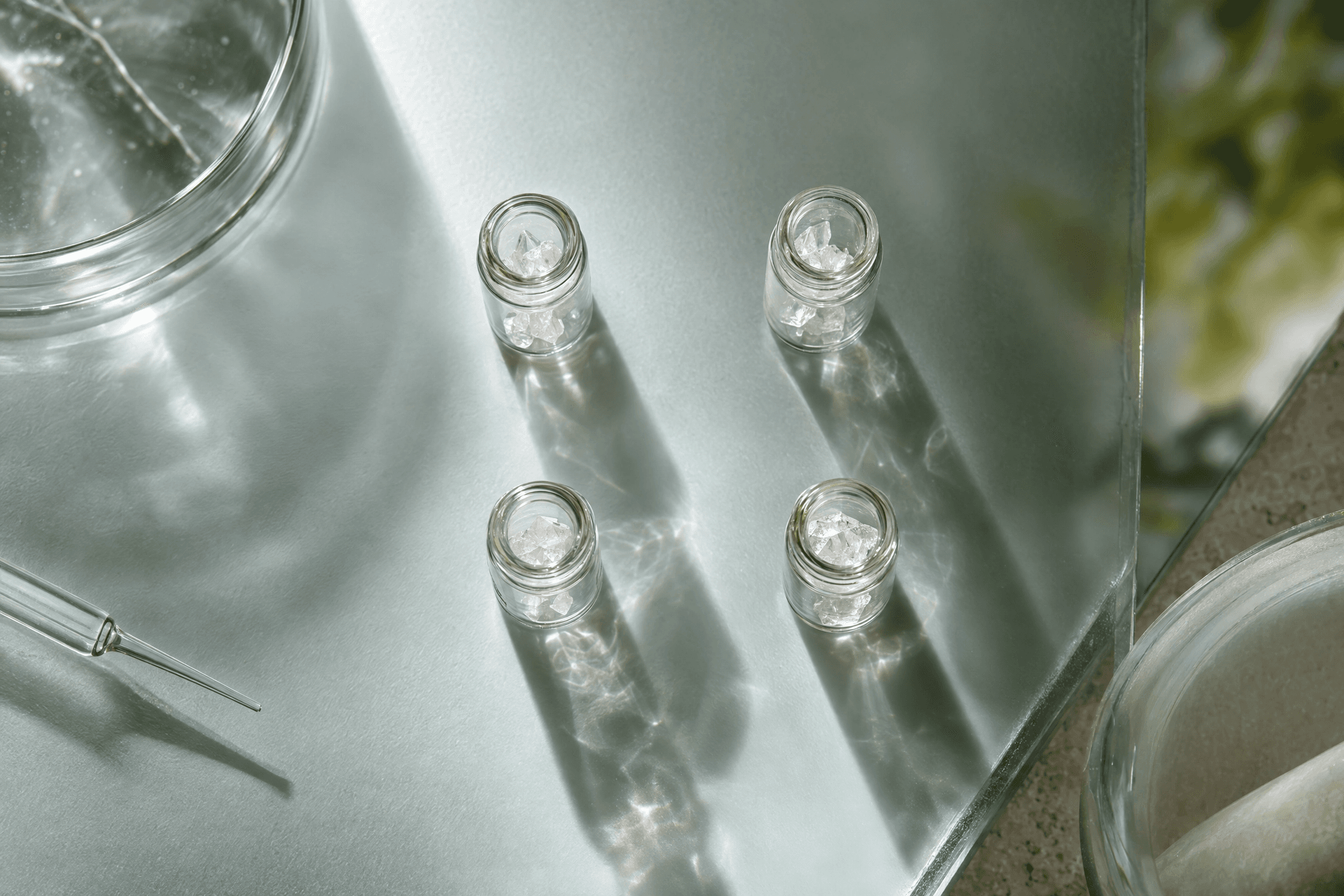 Vogelperspektive auf vier kleine offene Glasvials mit Kristallproben auf einer lichtdurchlässigen Laborfläche.