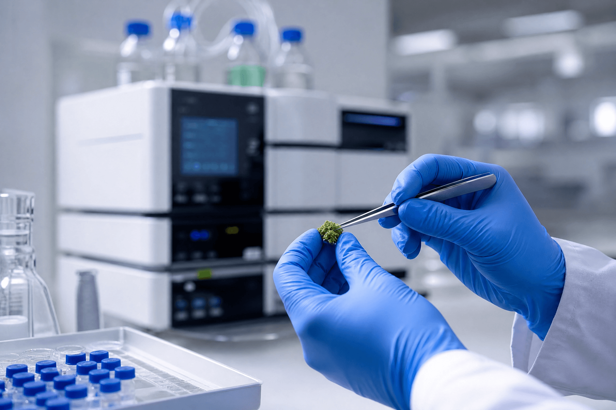 Laboranalyse einer Cannabis-Blüte mit Pinzette und HPLC-Gerät zur Bestimmung des THC-CBD-Verhältnisses bei Balanced Strains.