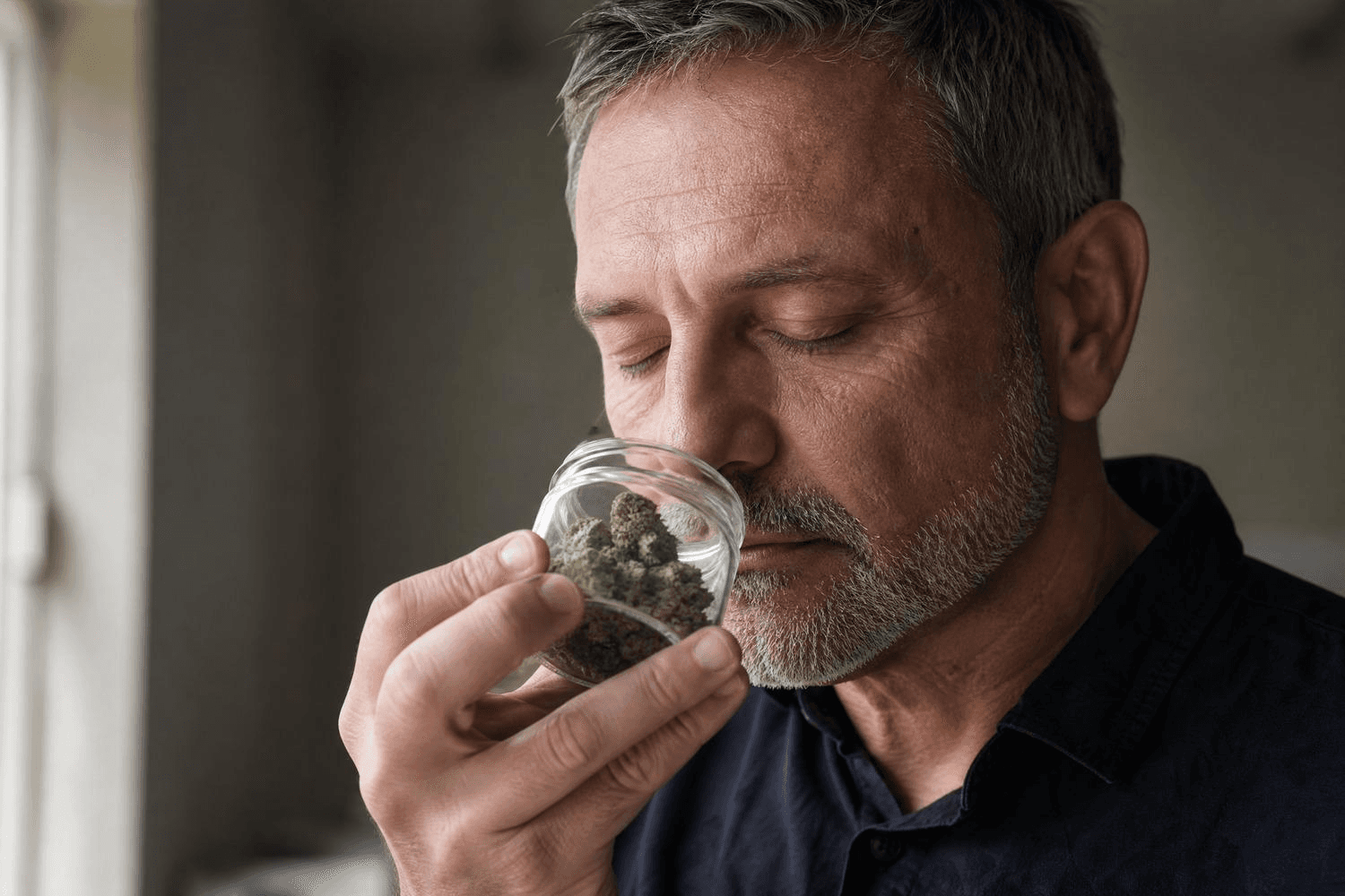 Mann mittleren Alters mit geschlossenen Augen riecht konzentriert an einem geöffneten Glasgefäß mit getrockneten Cannabisblüten – sensorische Beurteilung des Cannabis-Aromas.