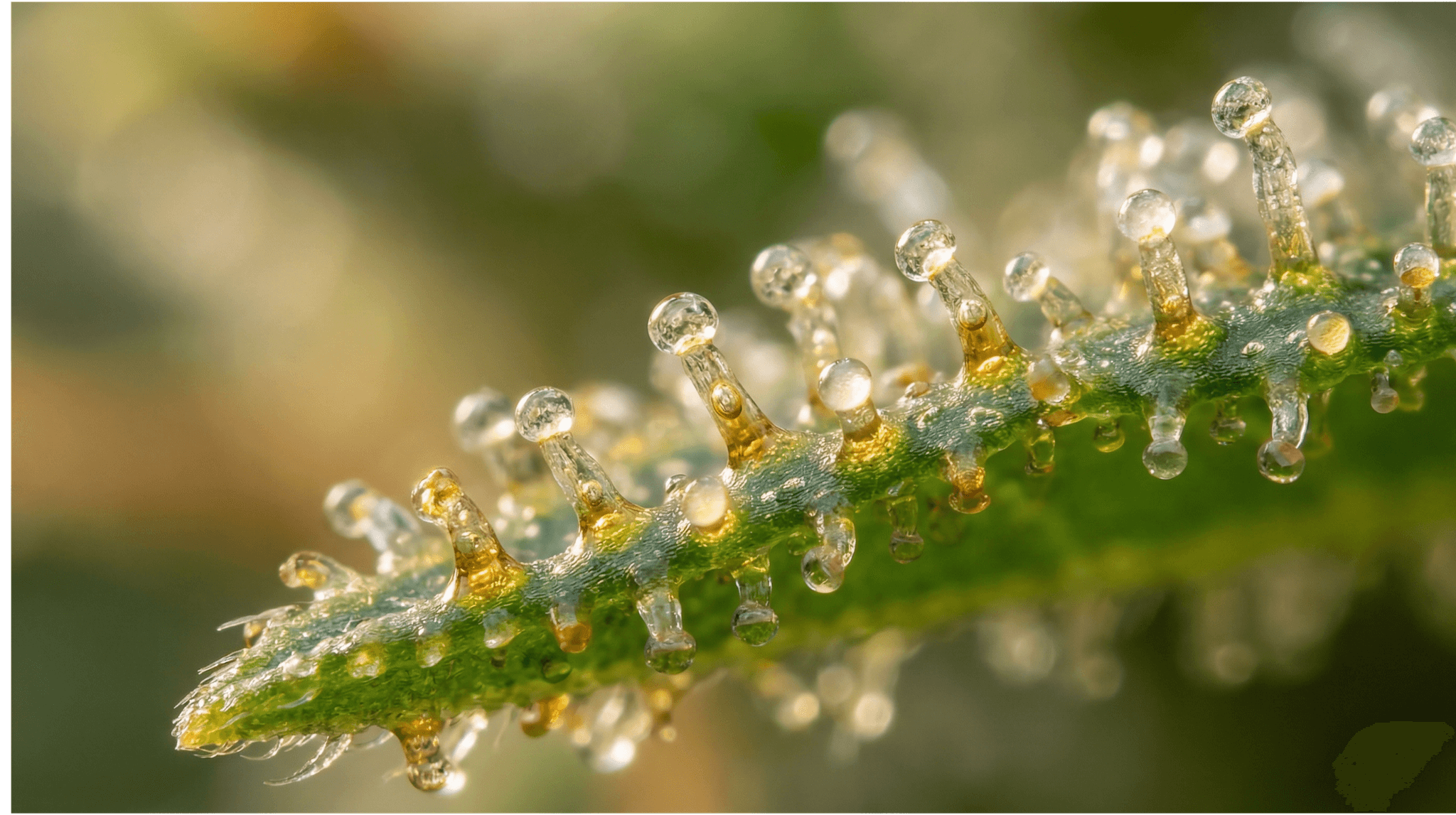 Mikroskopische Nahaufnahme reifer Trichome auf einer Cannabispflanze – diese drüsigen Haarstrukturen sind die wichtigsten Produktionsstätten der natürlichen Cannabinoide der Pflanze.