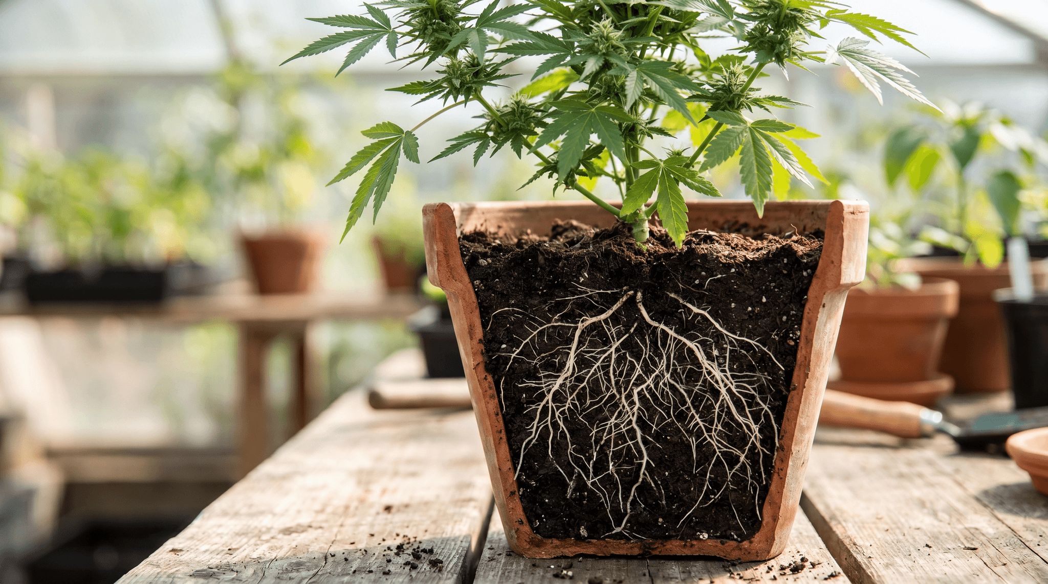Querschnitt eines Tontopfes mit einer gesunden Cannabispflanze – oberhalb der Erde sattgrüne Blätter, unterhalb ein dichtes weißes Wurzelwerk, das sich gleichmäßig durch die dunkle Erde ausbreitet.
