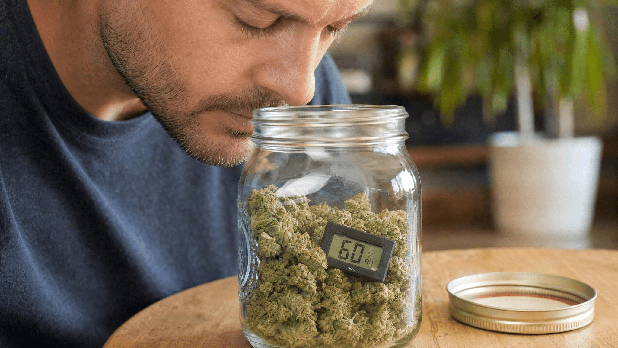Person riecht am geöffneten Einmachglas mit Cannabisblüten beim Geruchstest – Glas zu drei Vierteln gefüllt mit sichtbarem Luftraum, Hygrometer zeigt 60 % RH