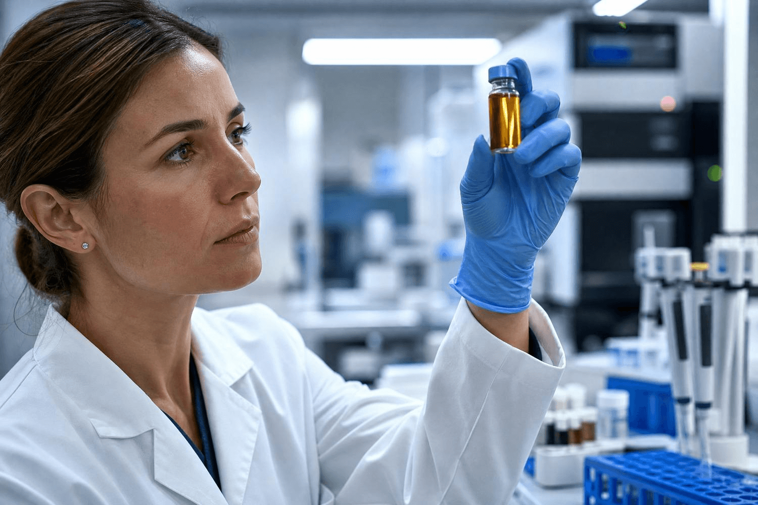 Laborantin prüft ein Fläschchen mit pharmazeutischem Extrakt – standardisierte Cannabisextrakte bleiben nach der Gesetzesänderung weiterhin erstattungsfähig
