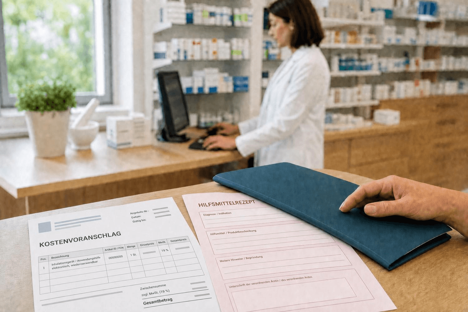 Kostenvoranschlag und Hilfsmittelrezept liegen auf einem Apothekentresen, während eine Apothekerin im Hintergrund am Rechner arbeitet.