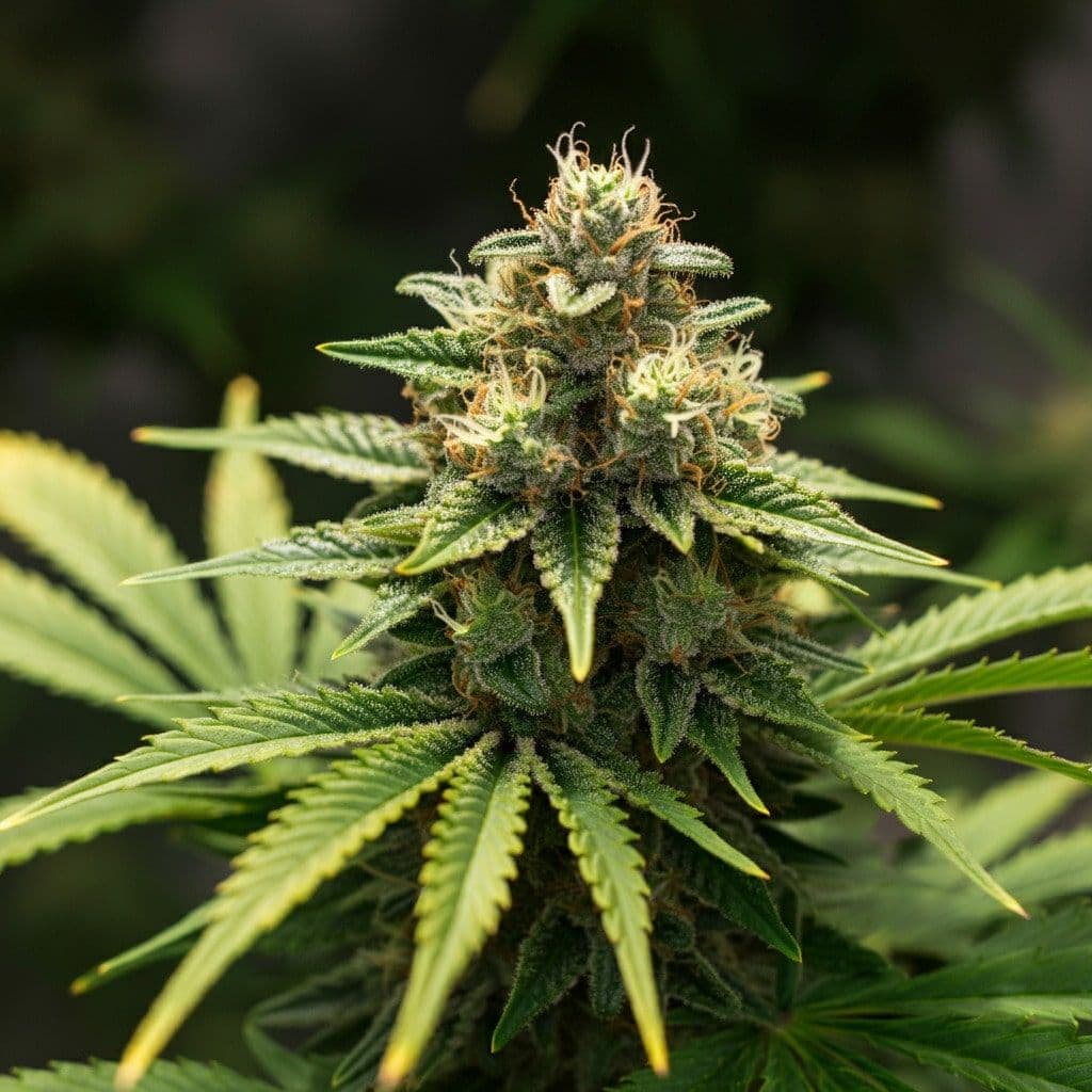Nahaufnahme einer reifen Cannabisblüte mit sichtbaren Trichomen und orangen Stempeln