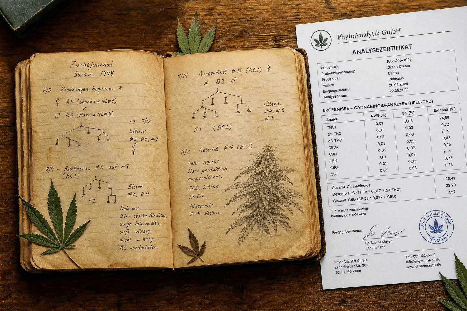Aufgeschlagenes handgeschriebenes Kreuzungsjournal von 1998 mit Stammbaum-Skizzen und Zuchtnotizen auf einem Holztisch, daneben ein deutsches Analysezertifikat der PhytoAnalytik GmbH mit Cannabinoid-Werten – Gegensatz zwischen historischer Untergrundzucht und moderner pharmazeutischer Dokumentation