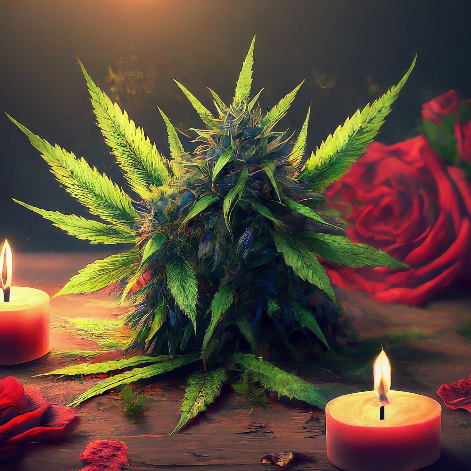 Grüne Cannabisblüte auf Holz mit brennenden Kerzen und roten Rosen im Hintergrund