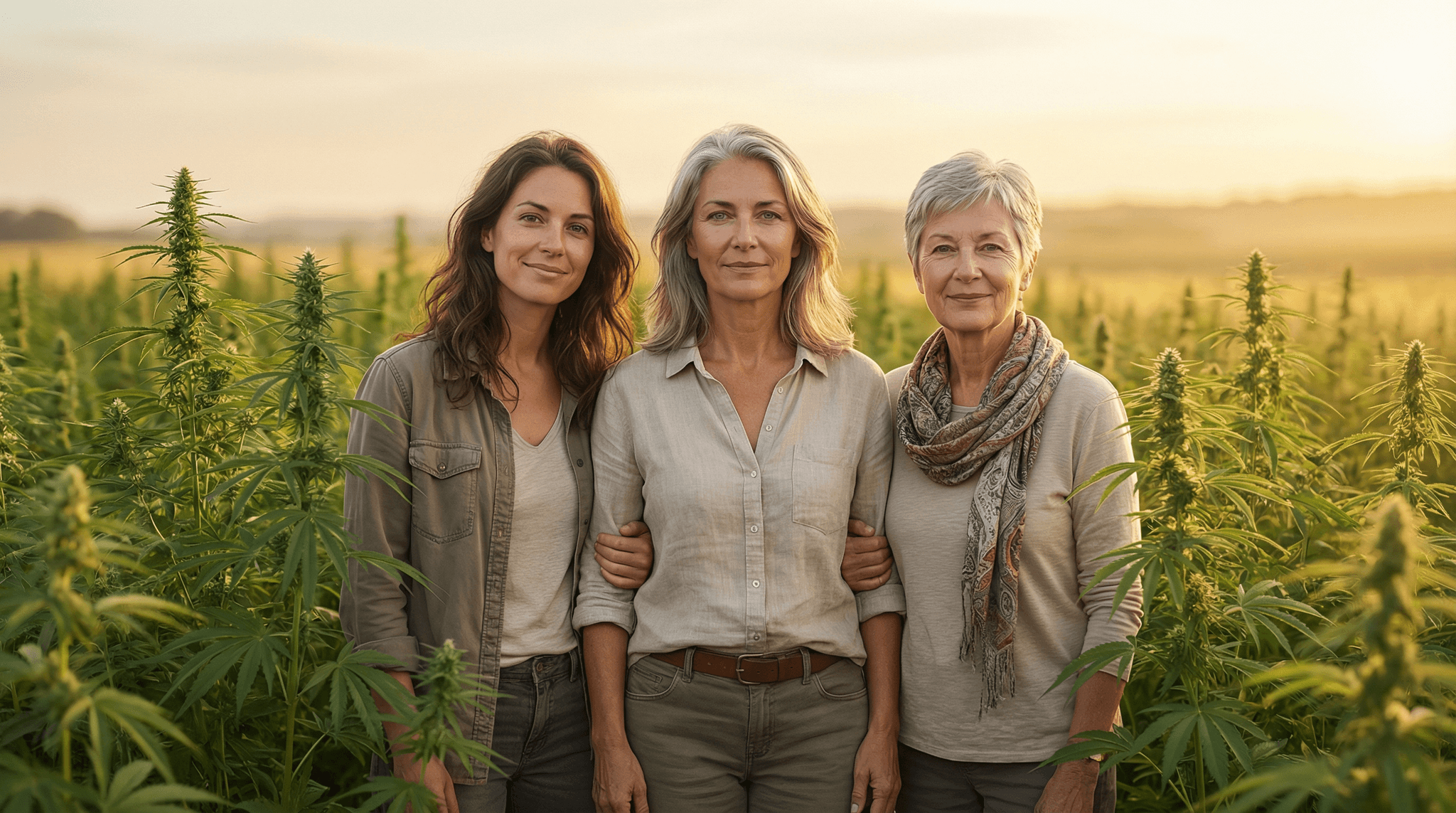 Drei Frauen in verschiedenen Phasen der Wechseljahre stehen Seite an Seite vor einem weitläufigen Cannabisfeld im goldenen Abendlicht.