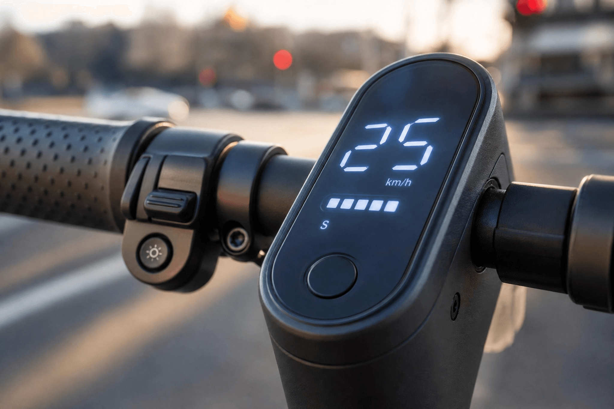 Display eines E-Scooters zeigt Geschwindigkeit – E-Scooter gelten rechtlich als Kraftfahrzeug
