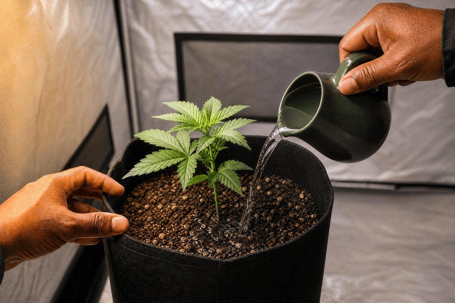 Hände beim Gießen im Growzelt beim Indoor Grow