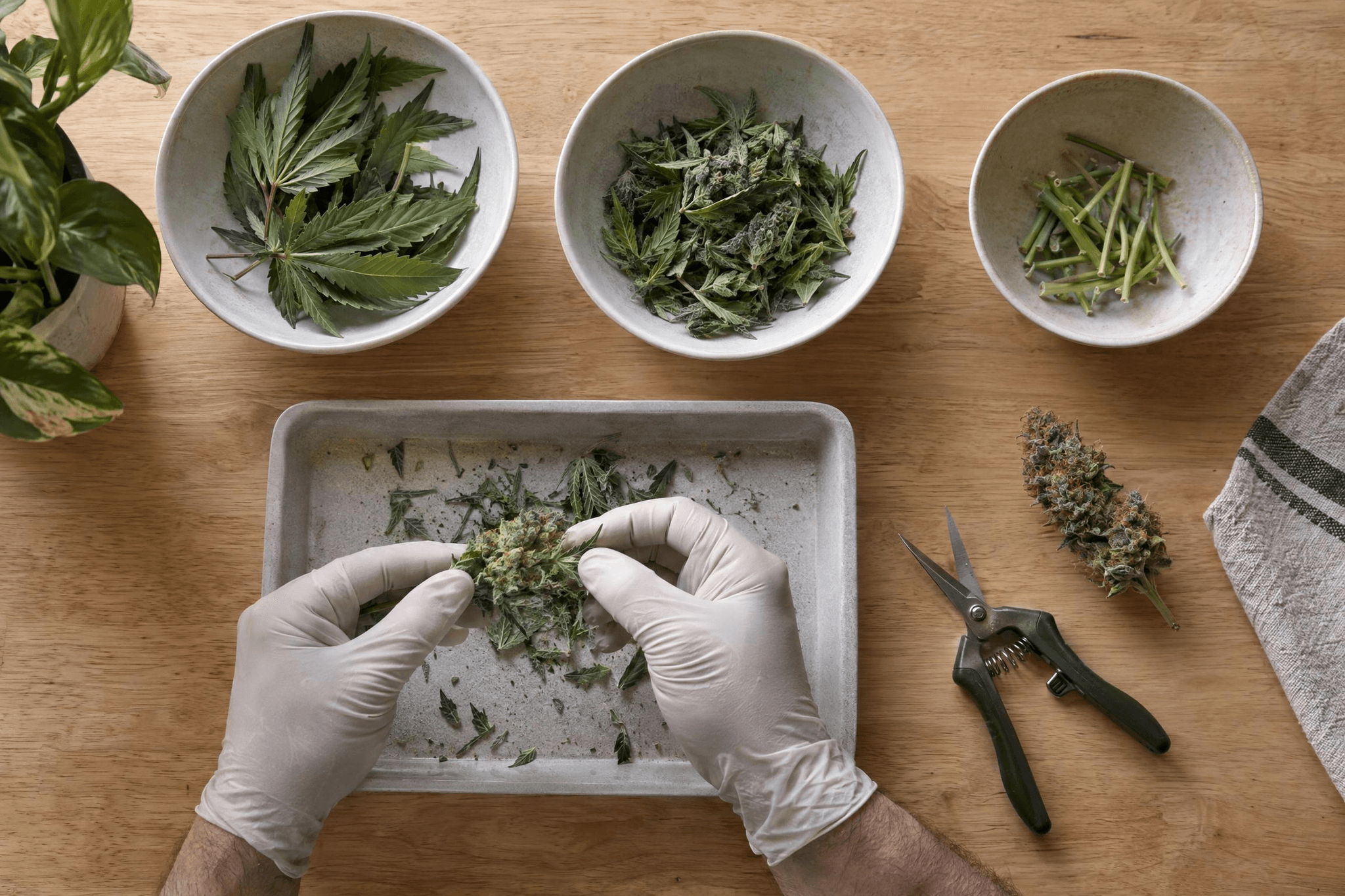 Hände in Handschuhen sortieren beim Cannabis-Trimmen Fächerblätter, Zuckerblätter und Stiele in getrennte Schalen.