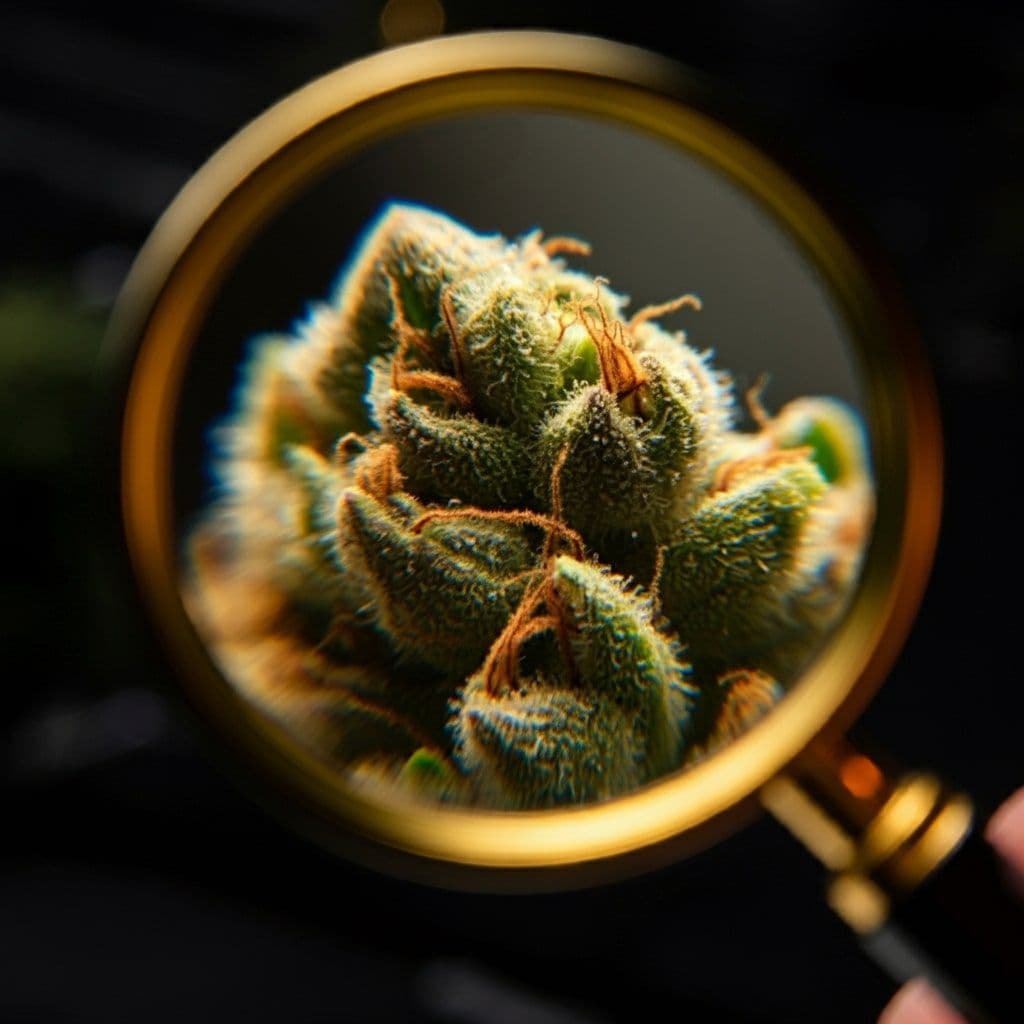 Makroaufnahme einer Cannabisblüte durch goldene Lupe, sichtbare Trichome