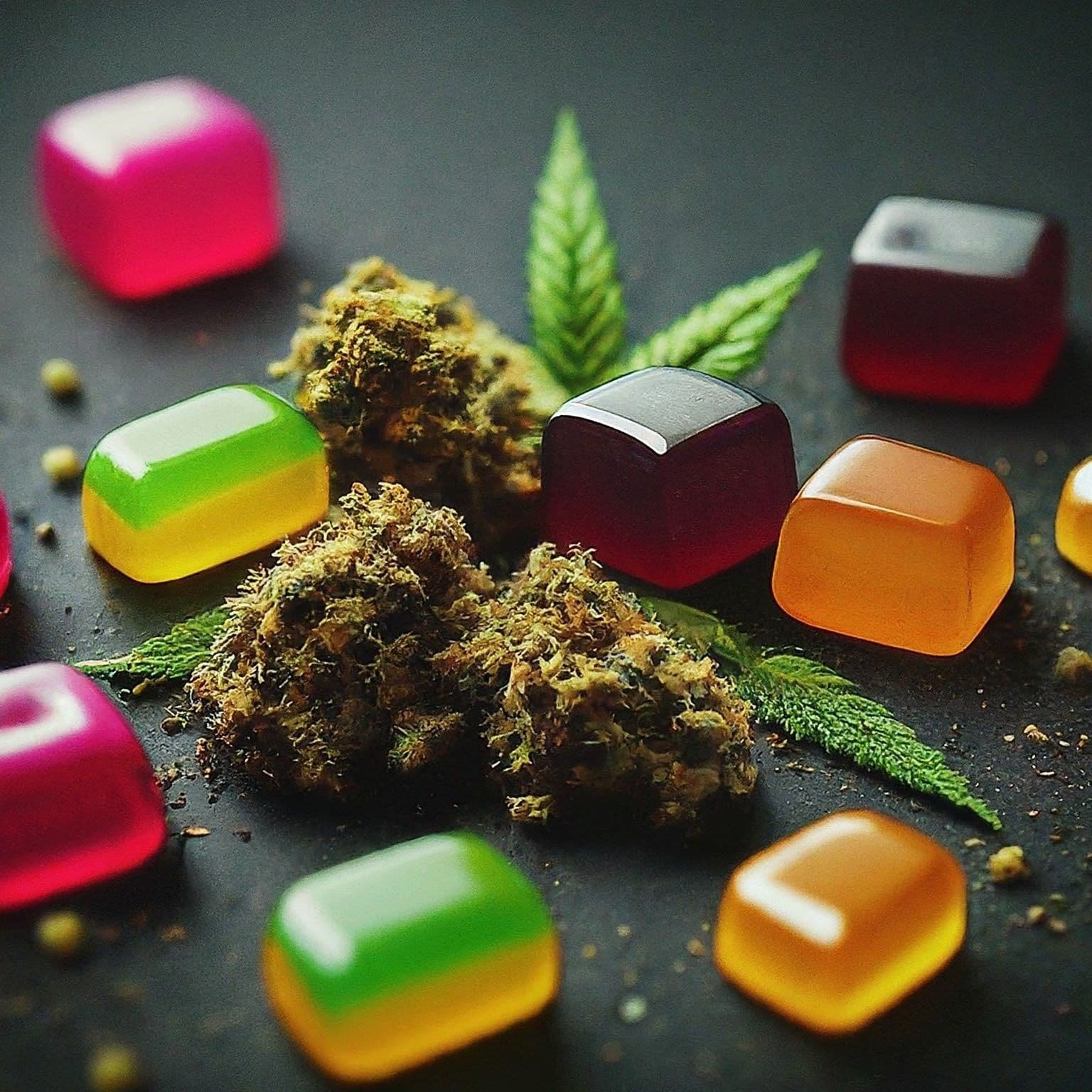 Cannabisblüten neben bunten Gummibonbons auf dunklem Hintergrund