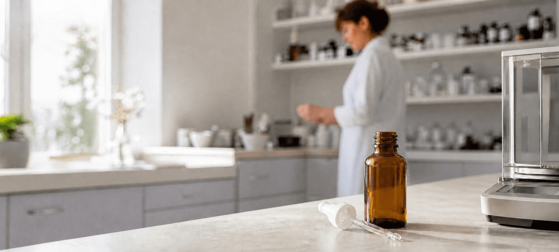 Braunglasflasche mit Pipette und Rezepturmaterial auf einer hellen Apothekenarbeitsfläche; im Hintergrund arbeitet eine pharmazeutische Fachperson.